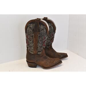 Dusty Rocker 1098 Cowgirl Brown Leather Boots Red Rose Design Size 7.5